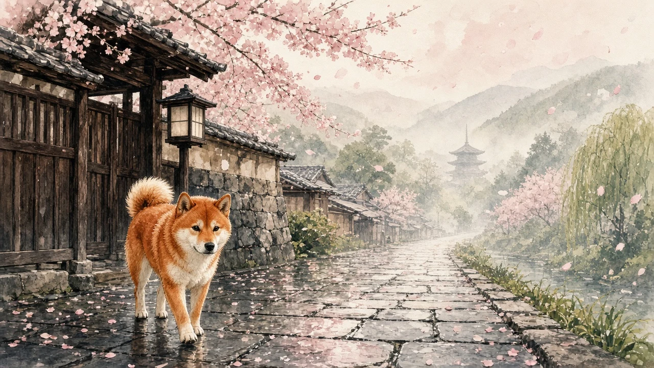 Shiba Inu Under Kyoto Cherry Blossoms Ink Wash