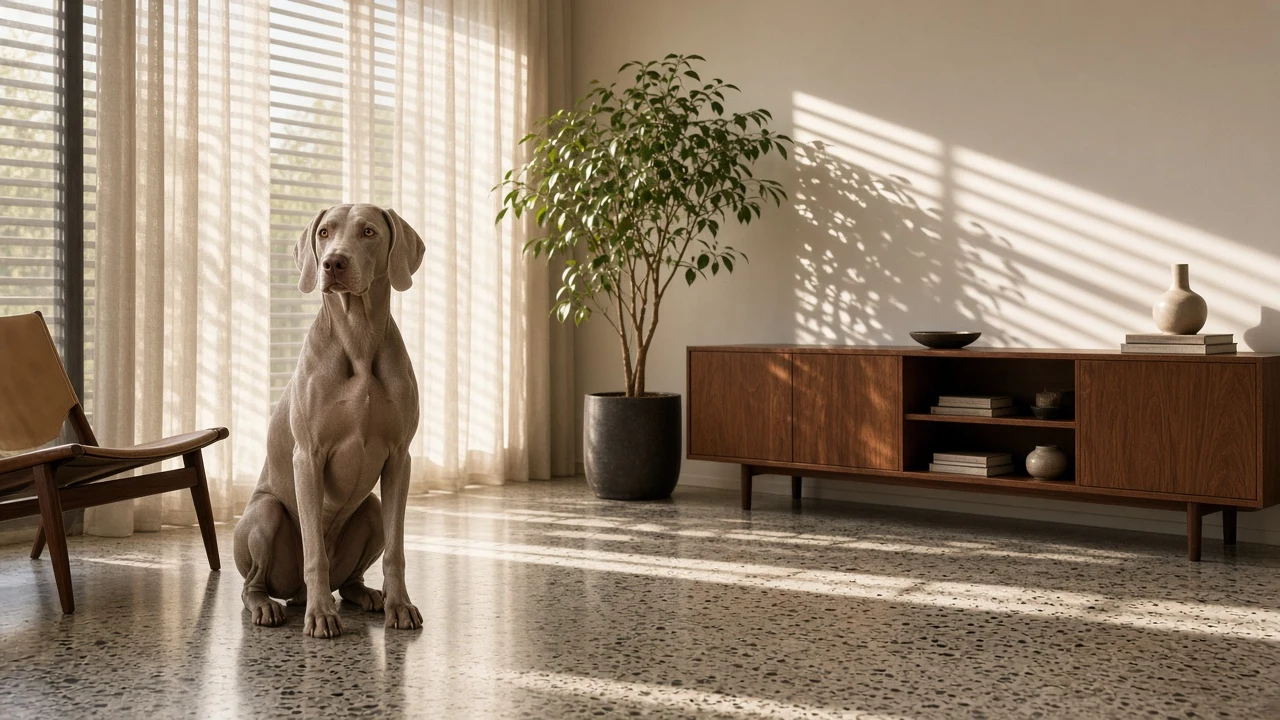 Weimaraner in Mid-Century Sunroom Editorial