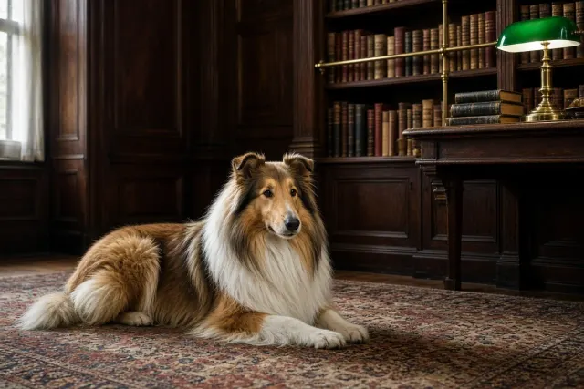 Rough Collie on Antique Kilim in Classic Library