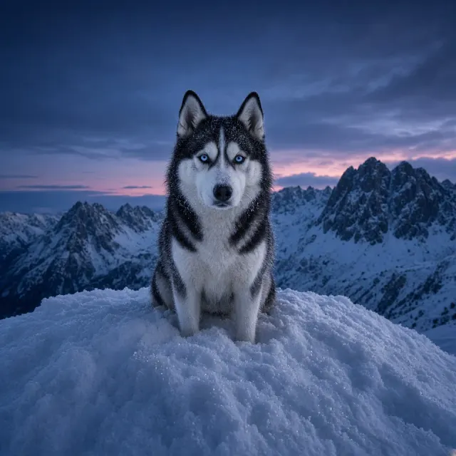 Siberian Husky on Snowy Alpine Summit at Blue Hour