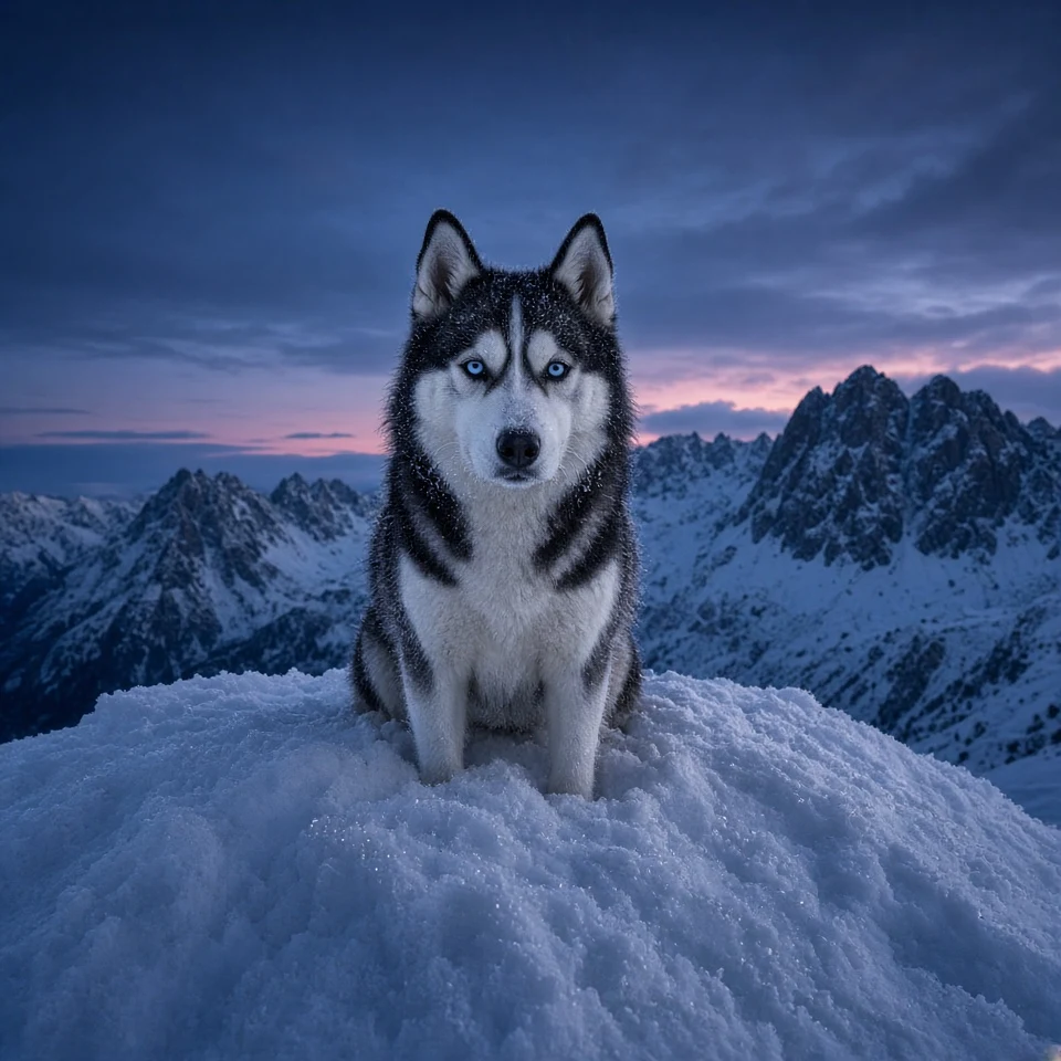 Siberian Husky on Snowy Alpine Summit at Blue Hour