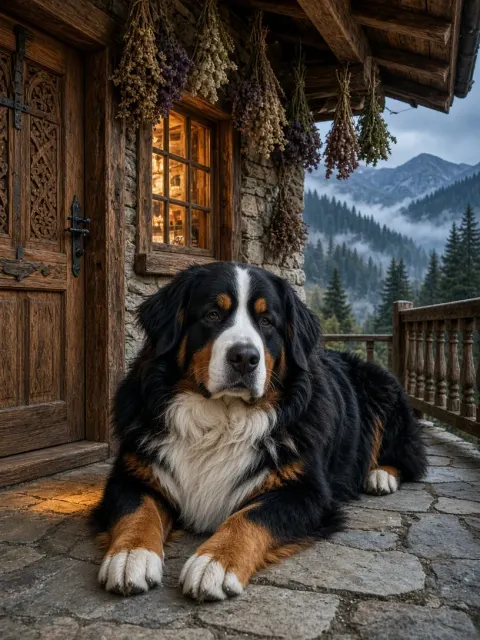 Bernese Mountain Dog Outside a Timber Chalet