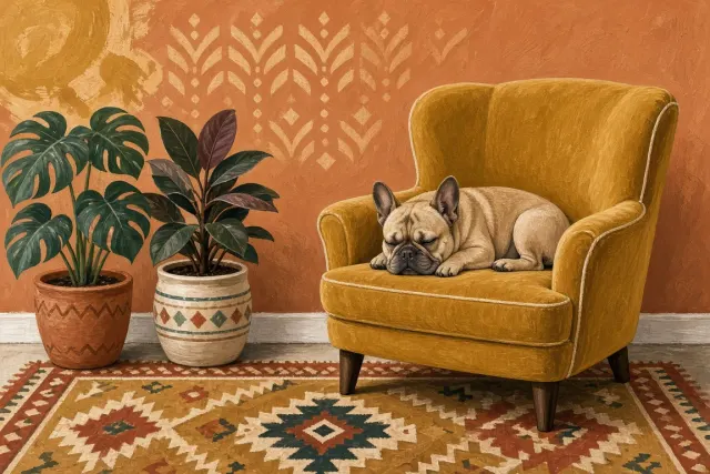 Gouache Illustration of French Bulldog on Armchair