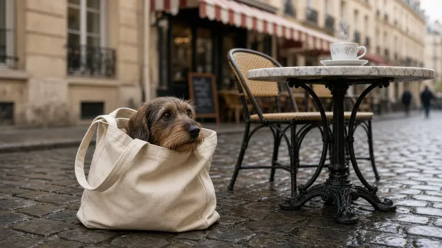 Wirehaired Dachshund in Canvas Tote at Parisian Cafe