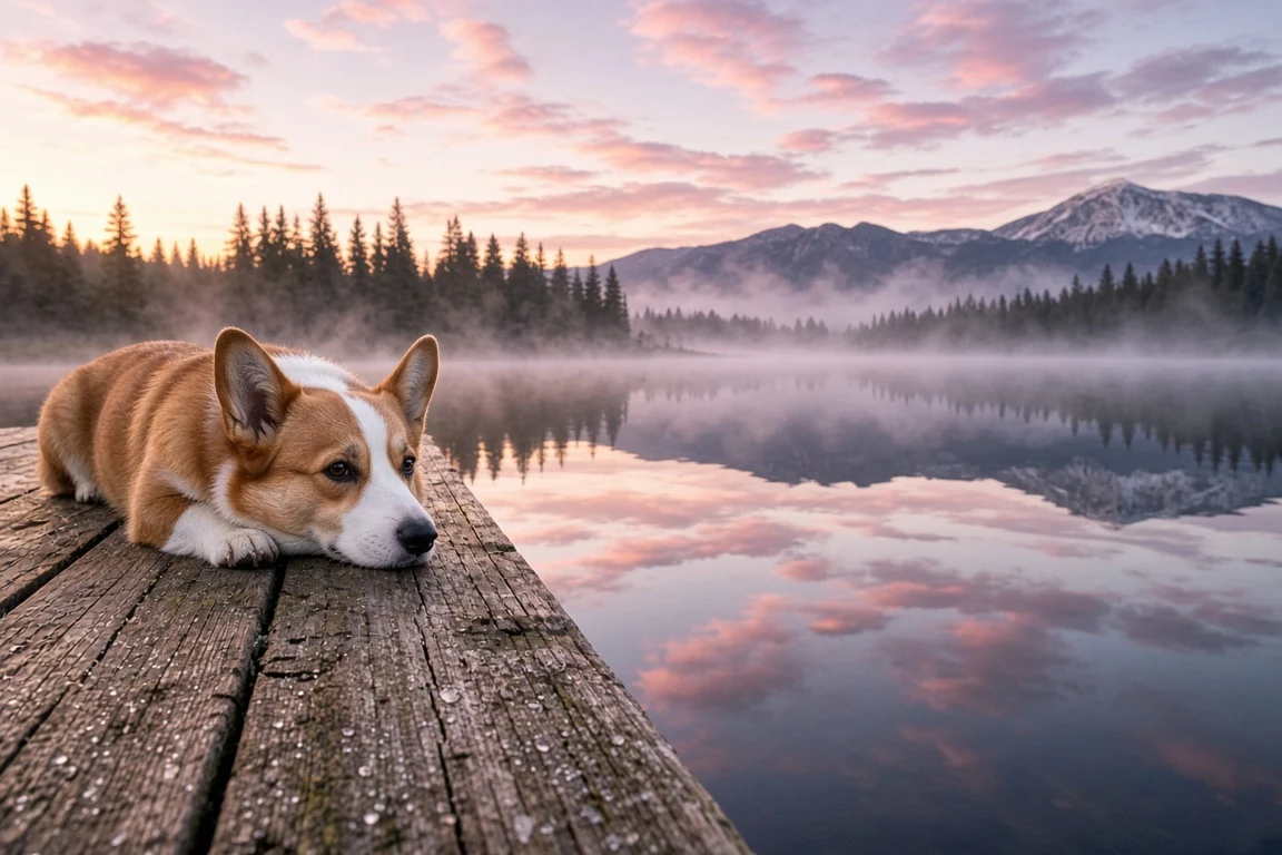 Pembroke Welsh Corgi on Misty Lakeside Dock at Dawn
