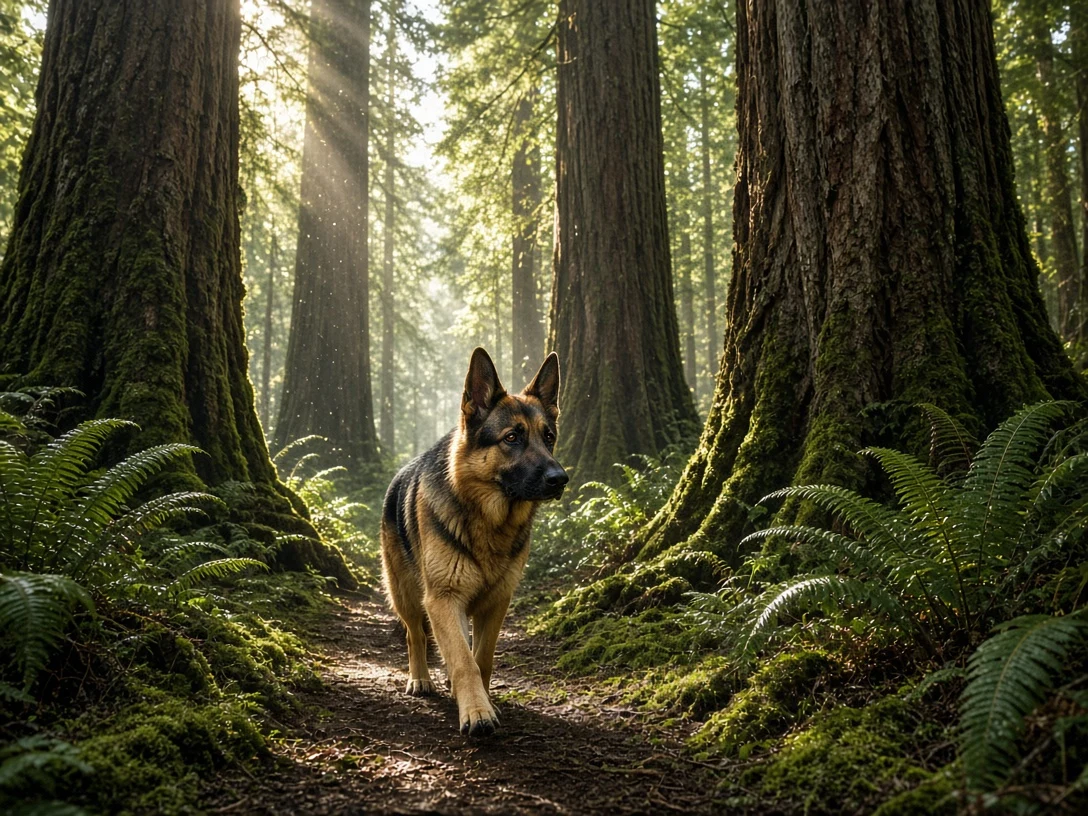 German Shepherd Tracking Through Sunlit Redwoods