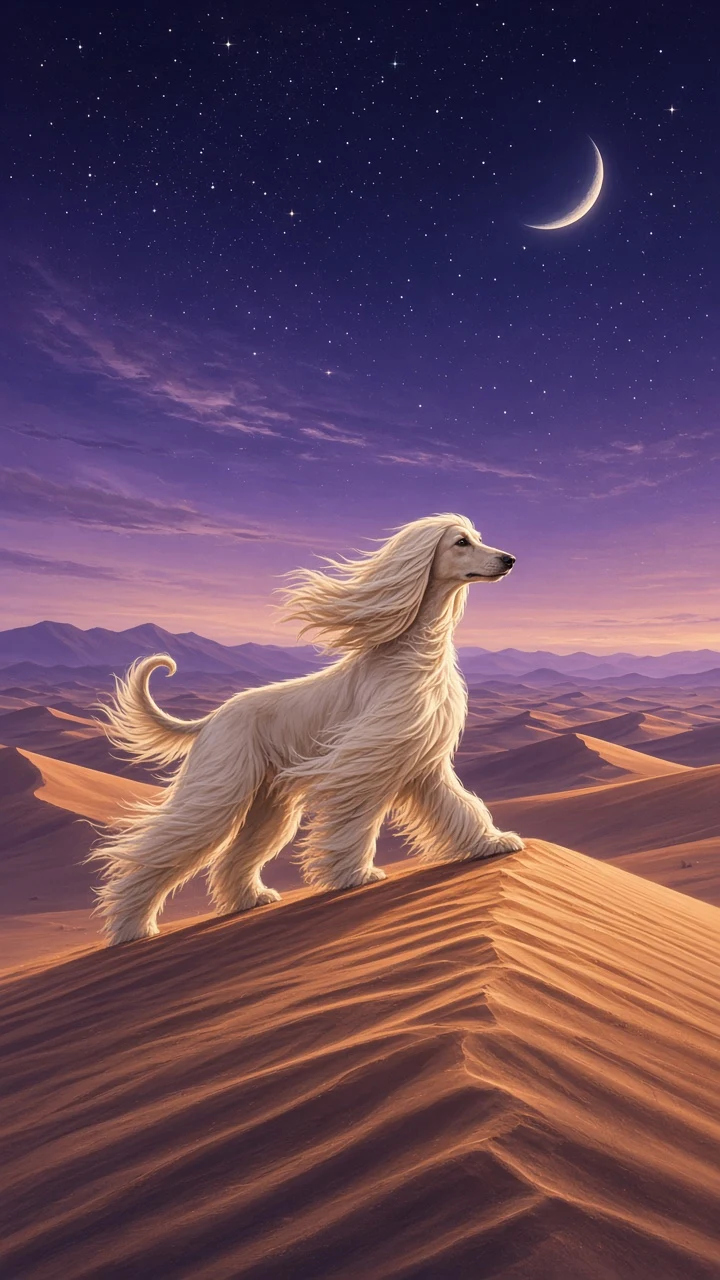 Cinematic Desert Crossing of a Silk-Coated Afghan Hound