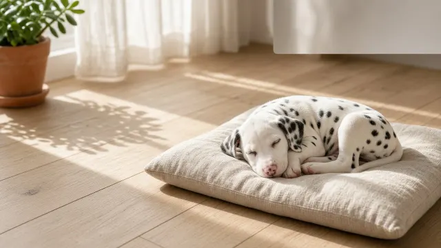 Dalmatian Puppy Sleeping in Sunlit Linen Bed