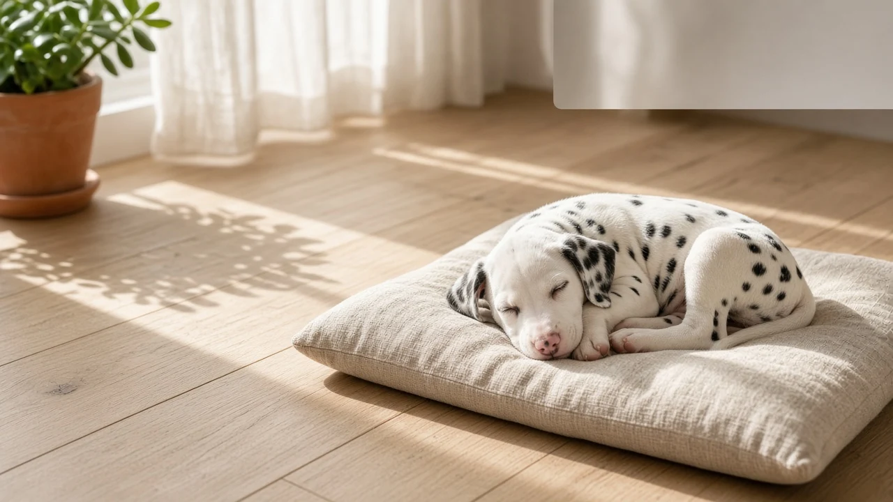 Dalmatian Puppy Sleeping in Sunlit Linen Bed