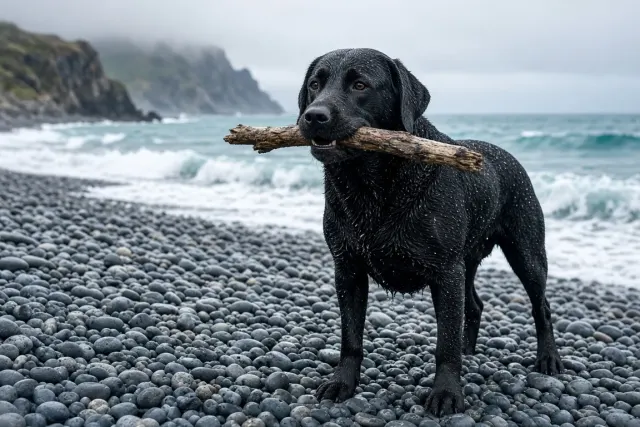 Black Labrador with Weathered Driftwood on Pebble Coast