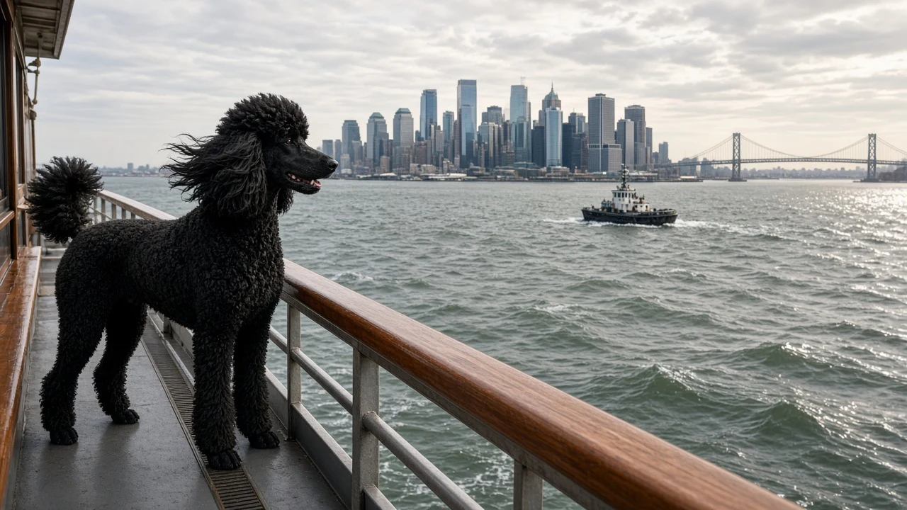 Standard Poodle Windblown on City Ferry Deck