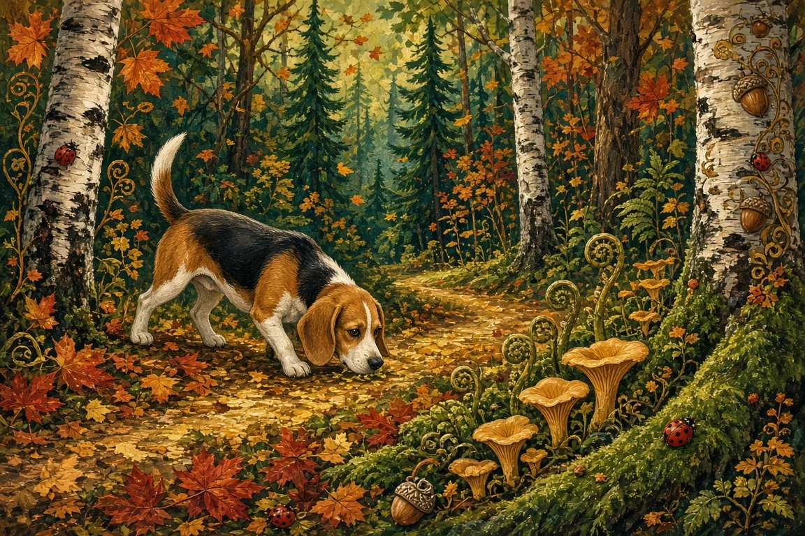 Whimsical Acrylic Painting of a Beagle Tracking in the Forest