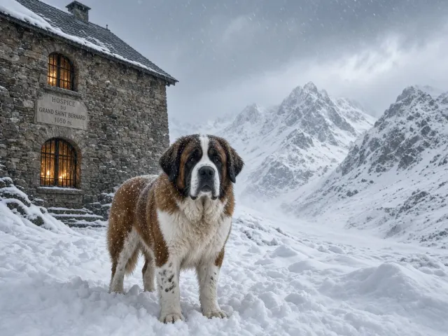 Saint Bernard in Snowdrifts Outside Alpine Hospice