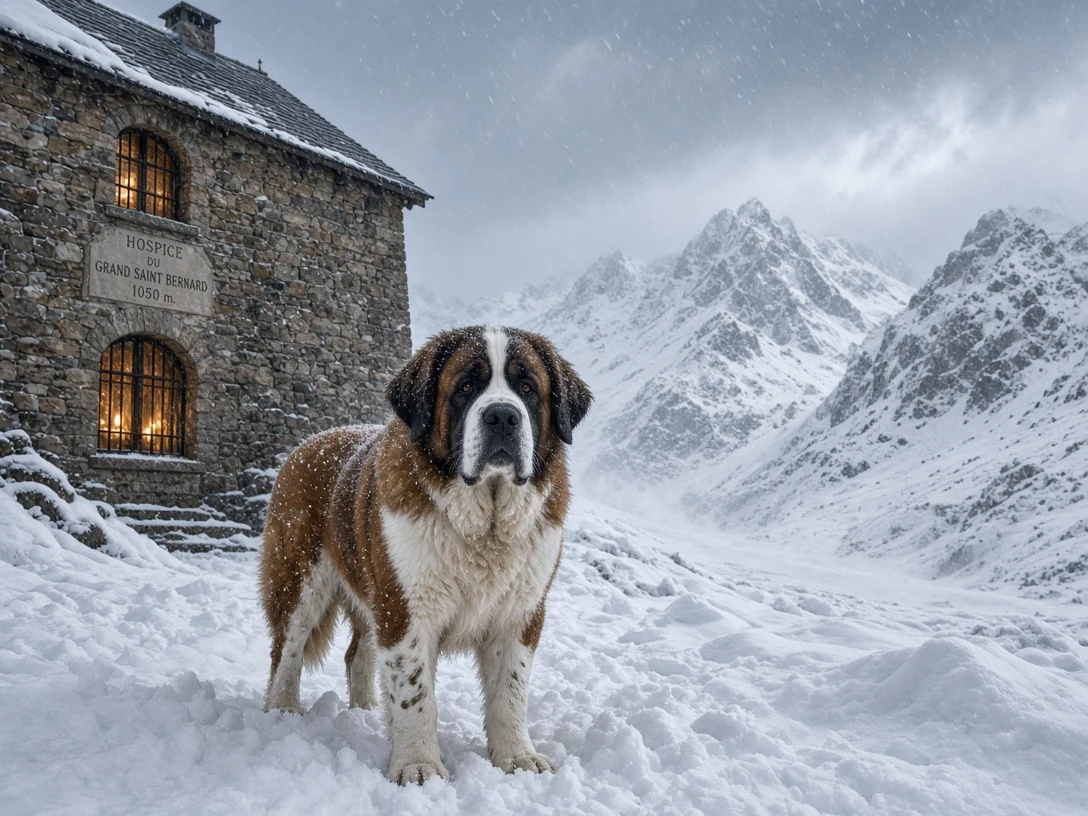 Saint Bernard in Snowdrifts Outside Alpine Hospice