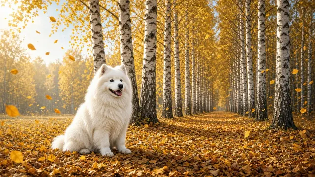 Smiling Samoyed Surrounded by Falling Golden Birch Leaves
