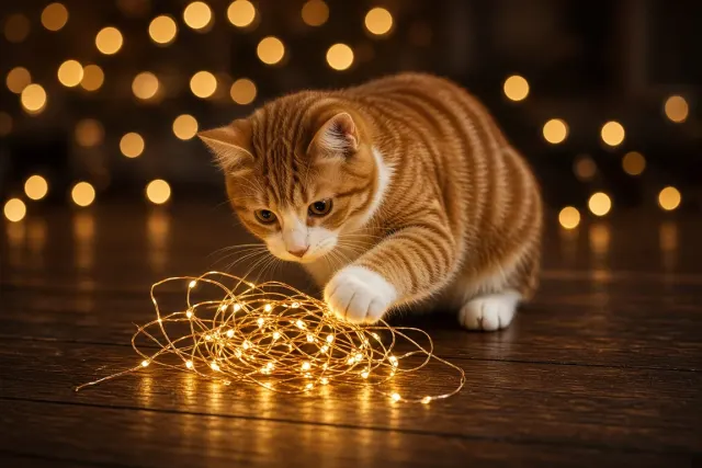 Amber Tabby Batting Warm Micro-LED Tangle on Dark Hardwood