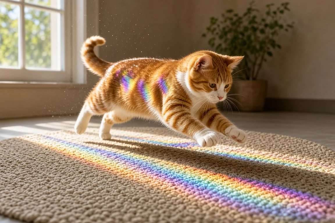 Prism Rainbow Chase Across an Oatmeal Wool Rug