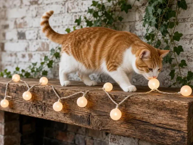 Rustic Mantelpiece Exploration with Frosted Globe Garland