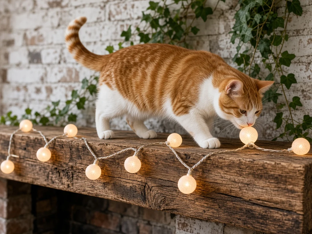 Rustic Mantelpiece Exploration with Frosted Globe Garland