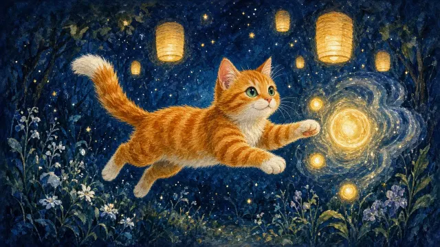 Whimsical Gouache Illustration of Tabby Amid Floating Lantern Motes