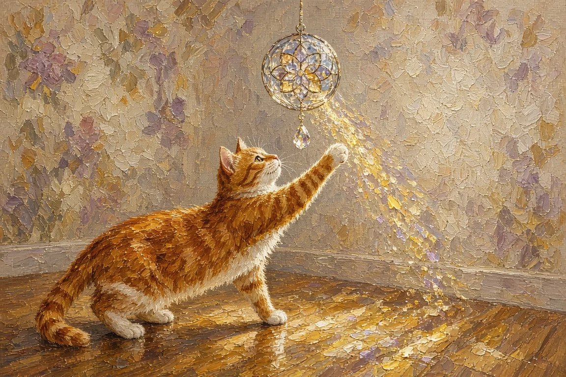 Impressionist Oil Painting of Tabby and Sunlight Reflections