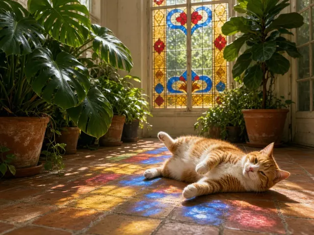 Sunroom Stained Glass Refractions on Parquet Floor