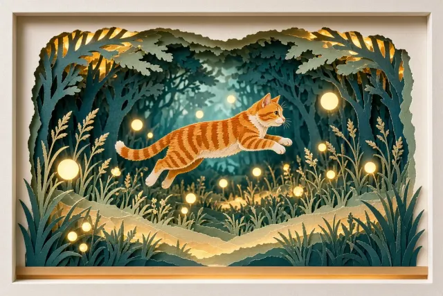 Layered Shadow Box Paper Art of Tabby Chasing Fireflies