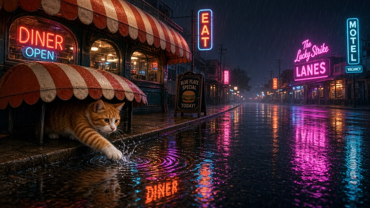 Retro Diner Neon Puddle Reflections in Rain