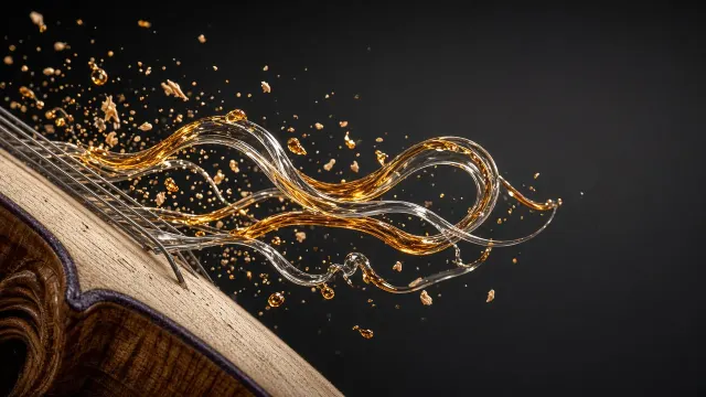 Cello Strings Dissolving into Swirling Glass Filaments in Macro Focus
