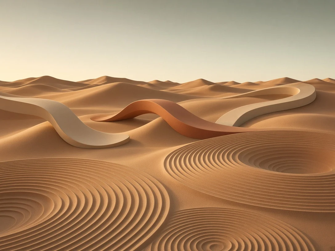 Minimalist Matte Ceramic Ribbons Across Grooved Dune Ridges
