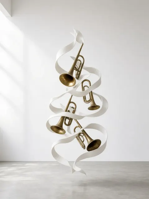 Porcelain Ribbons Woven Through Orchestral Brass Bells