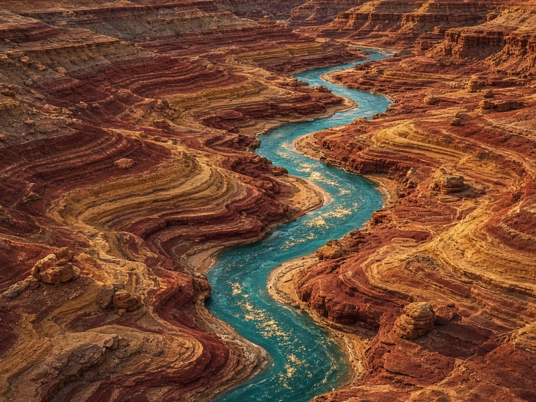 Panoramic Geological Strata Flowing in Musical Staff Formations