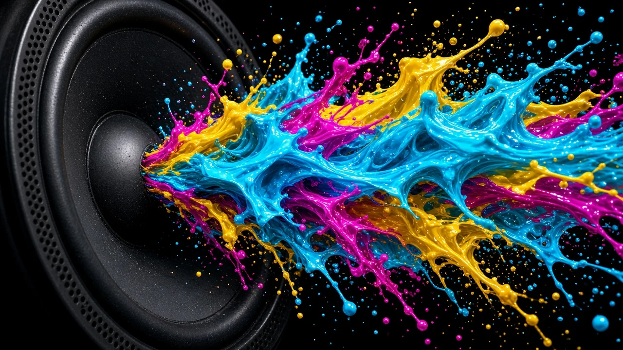 Vibrant Cymatic Paint Explosion Resonating on a Bass Diaphragm