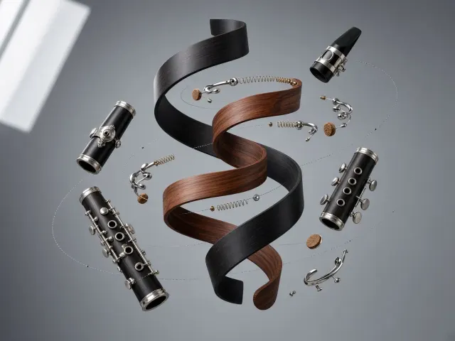 Deconstructed Rosewood Clarinet Unfolding into Weightless Spirals