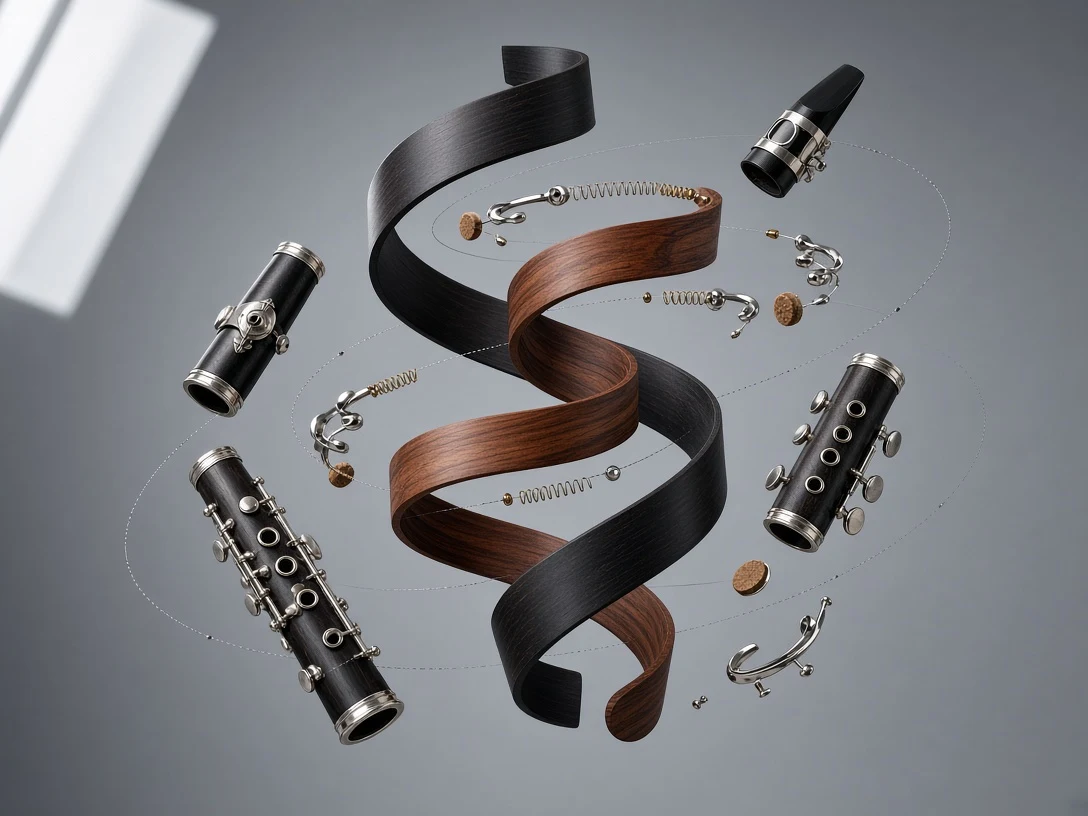Deconstructed Rosewood Clarinet Unfolding into Weightless Spirals