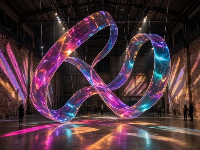 Suspended Kinetic Acrylic Installation Under Prismatic Theatrical Spots