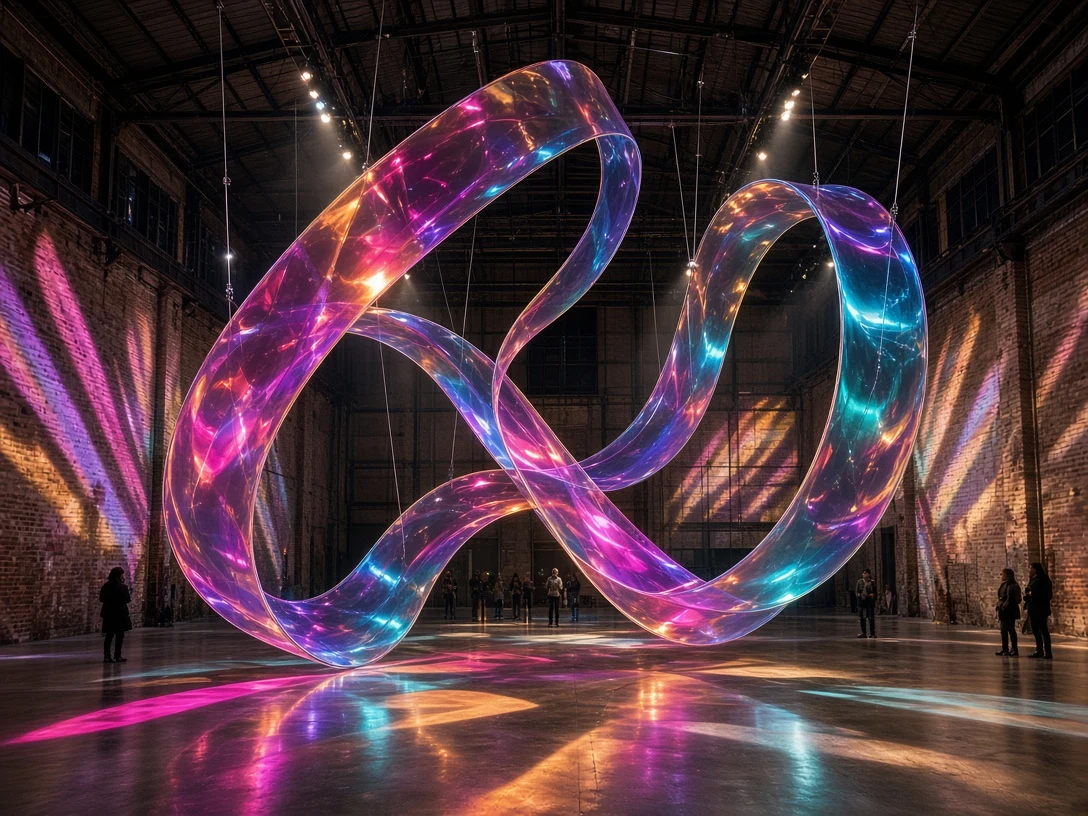Suspended Kinetic Acrylic Installation Under Prismatic Theatrical Spots