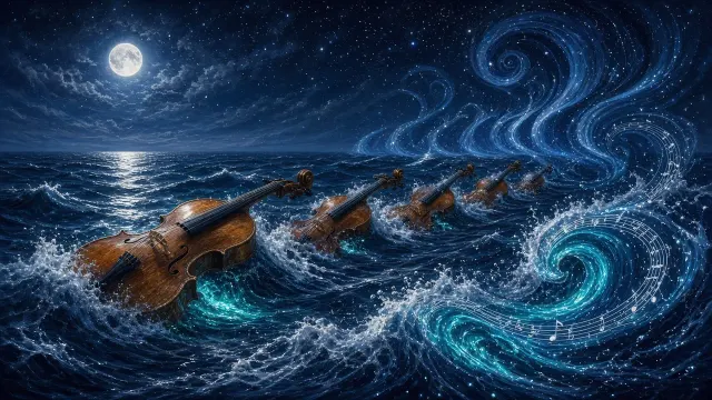 Moonlit Marine Symphony of Cello Waves and Bioluminescent Crests