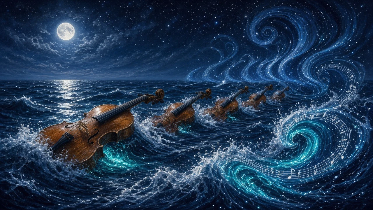 Moonlit Marine Symphony of Cello Waves and Bioluminescent Crests