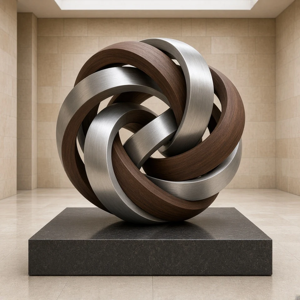 Sculptural Convergence of Bent Walnut and Brushed Stainless Steel