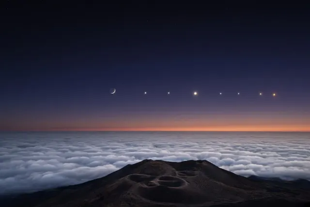 Mauna Kea Volcanic Cinder Cones Beneath Morning Planetary Chain