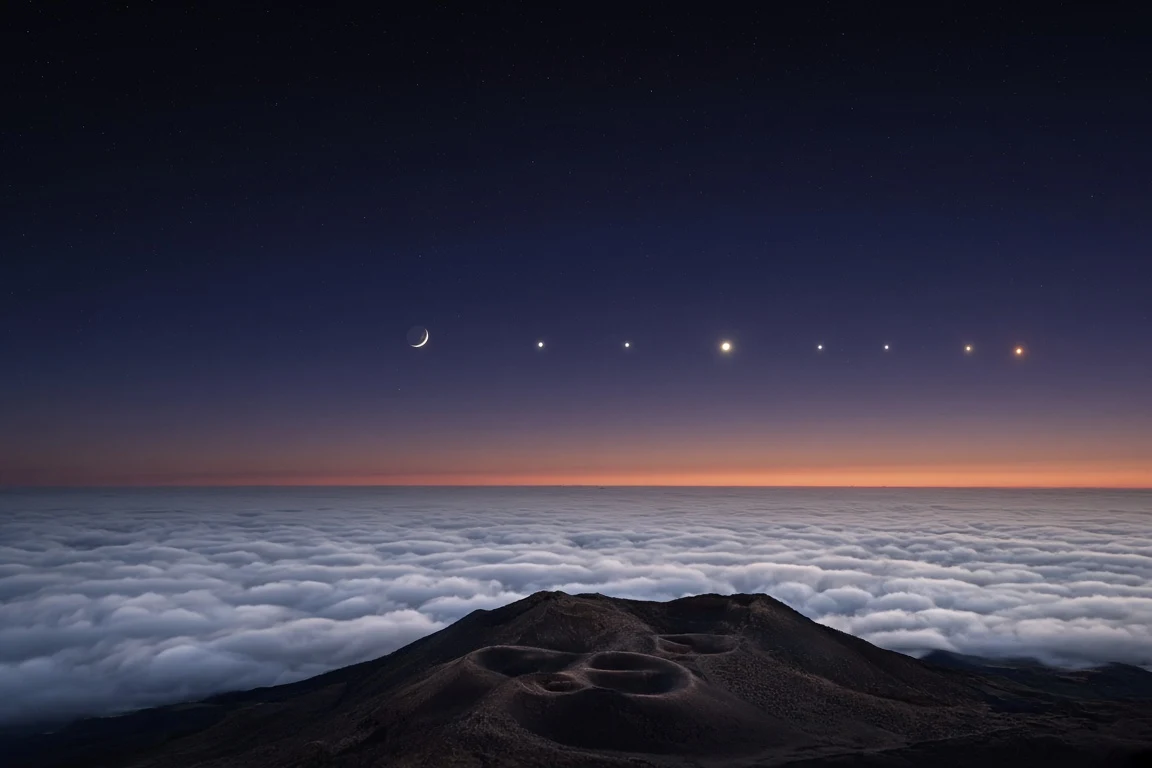 Mauna Kea Volcanic Cinder Cones Beneath Morning Planetary Chain