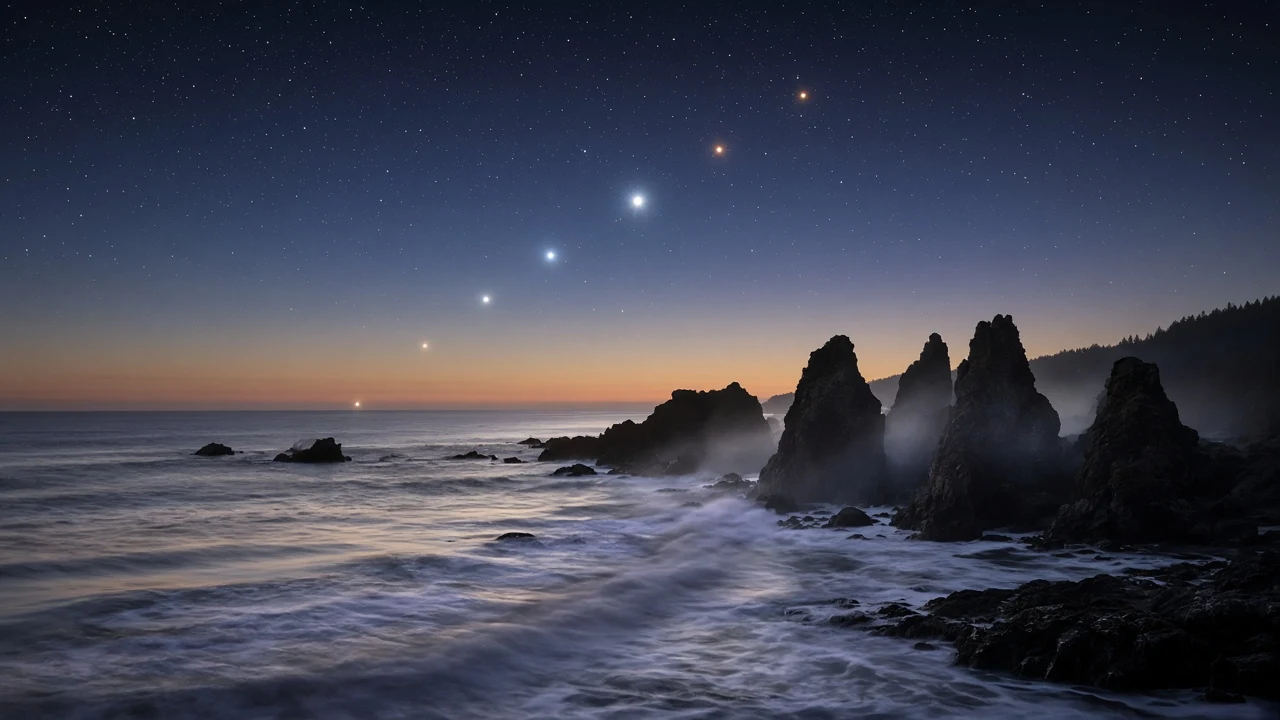 Pacific Sea Stacks Beneath the Pre-Dawn Celestial Ecliptic