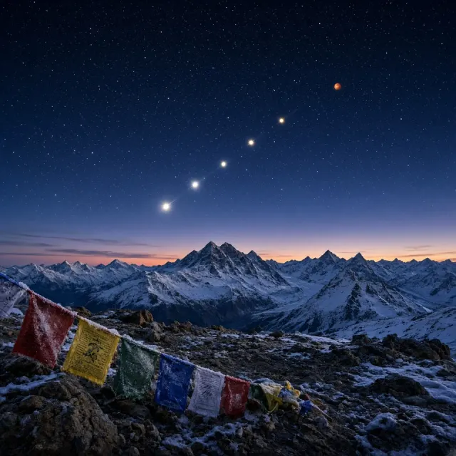 Himalayan Ridge and Prayer Flags Under Dawn Planetary Arc