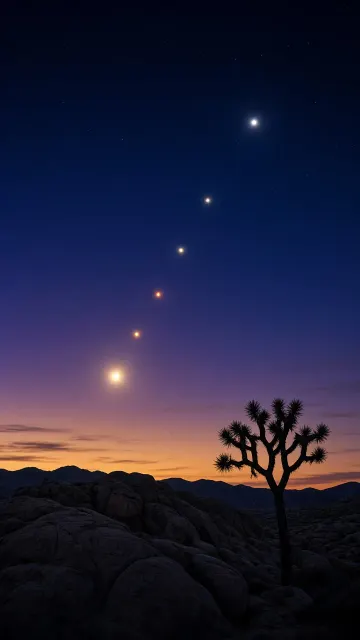 Joshua Tree Monolith Silhouette Beneath Vertical Planetary Trail
