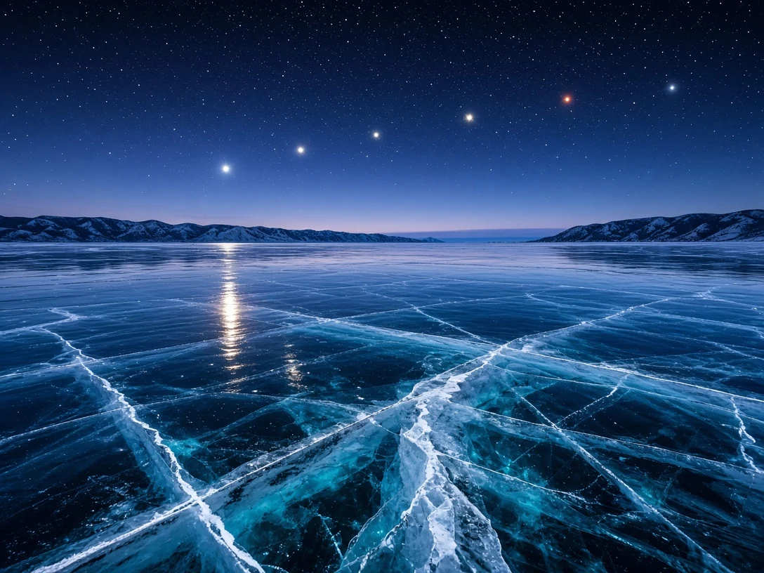Turquoise Ice Cracks of Lake Baikal Beneath the Winter Ecliptic