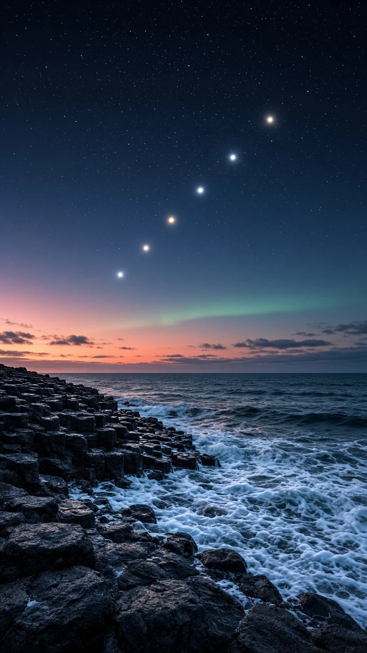 Icelandic Basalt Columns and Planetary Line in Sub-Arctic Dusk