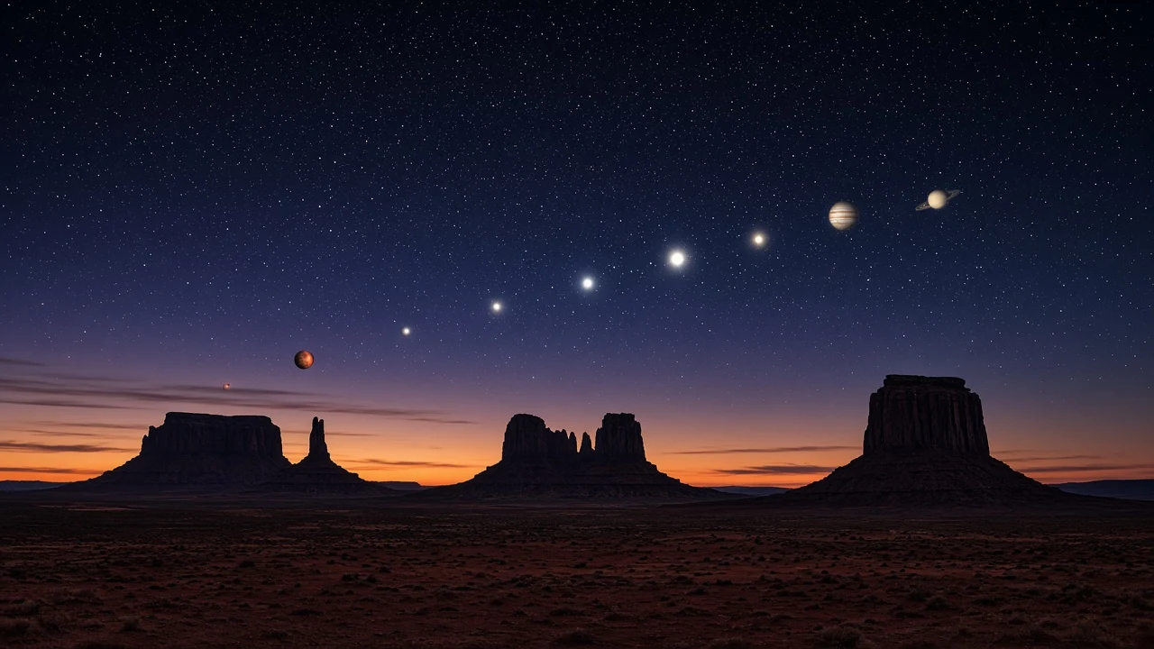 Monument Valley Sandstone Mesas Below Classical Five-Planet Line