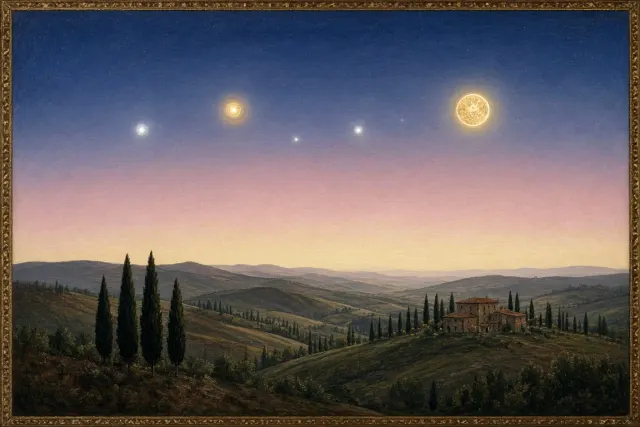 Egg Tempera Nocturne Study of Planetary Conjunction over Tuscan Hills