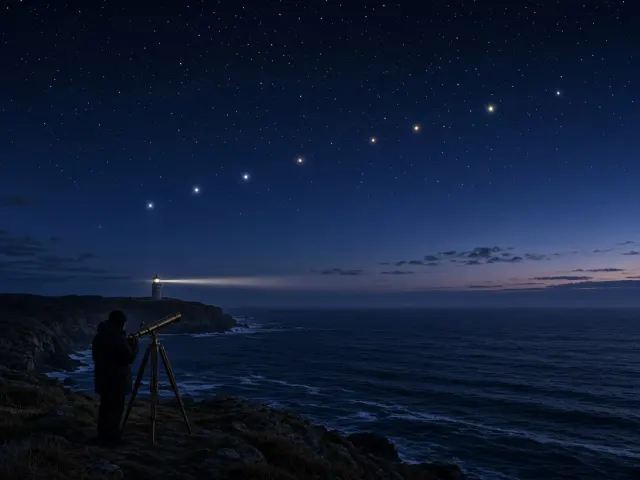 Astronomer with Refractor Telescope Under Morning Planetary Arc